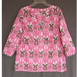 Talbots Pink Ikat Print 100% Cotton 3/4 Sleeve Tunic Top 1X Popover Blouse